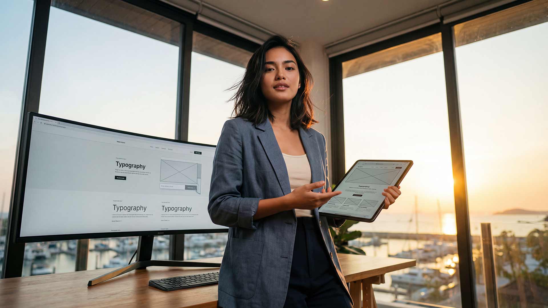 Web designer reviewing wireframes on tablet with curved monitor in Phuket office