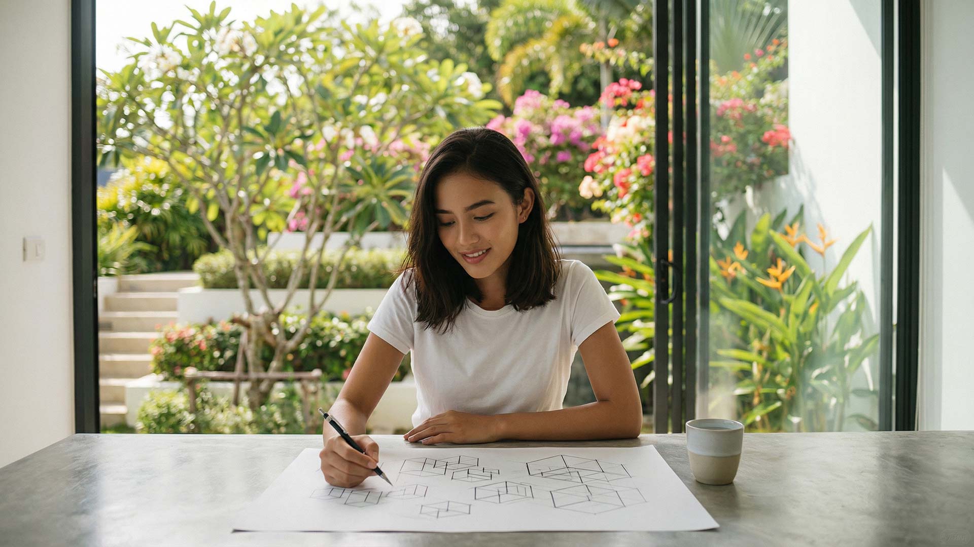 Siyu sketching website wireframe layouts at a garden studio desk with tropical plants and frangipani trees visible through glass doors
