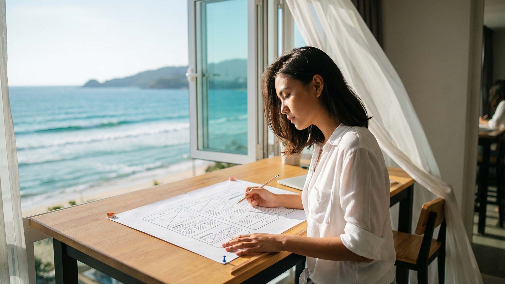 Siyu sketching website wireframes at a sunlit desk beside an open window with surf and headland visible through billowing white curtains
