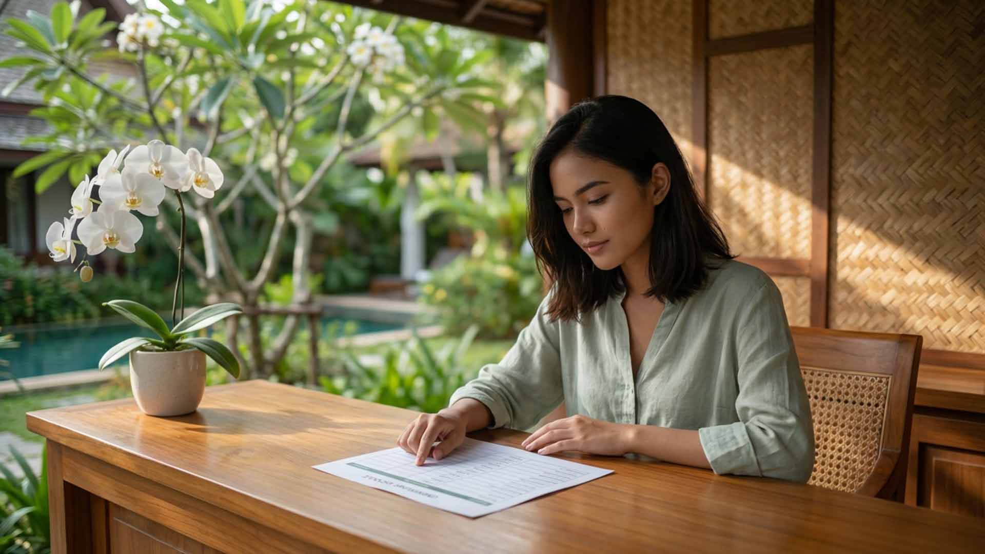 Siyu reviewing a printed spreadsheet at a teak desk beside a white orchid with a villa pool and frangipani garden visible through the open pavilion