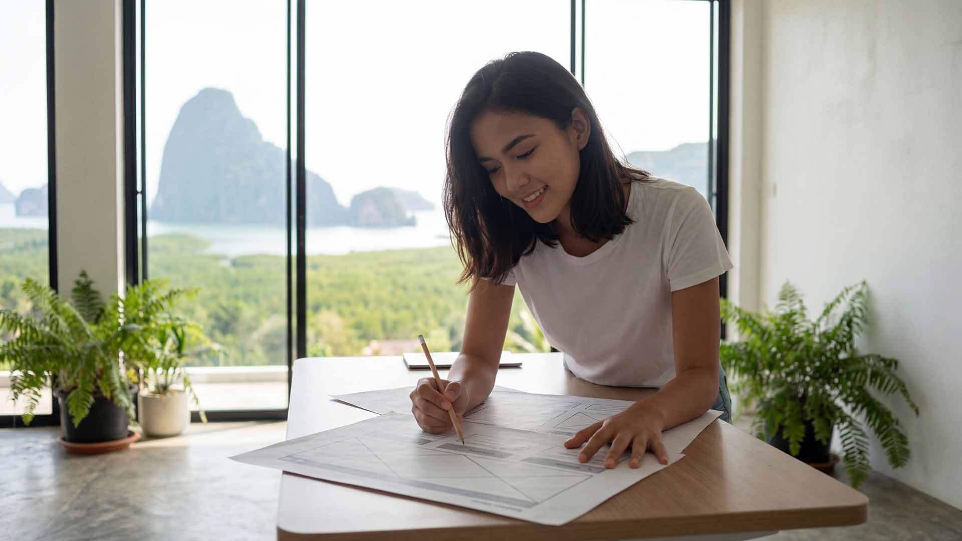 Siyu sketching website wireframes at a minimalist desk with panoramic karst and Andaman Sea views through floor-to-ceiling windows in a hillside studio