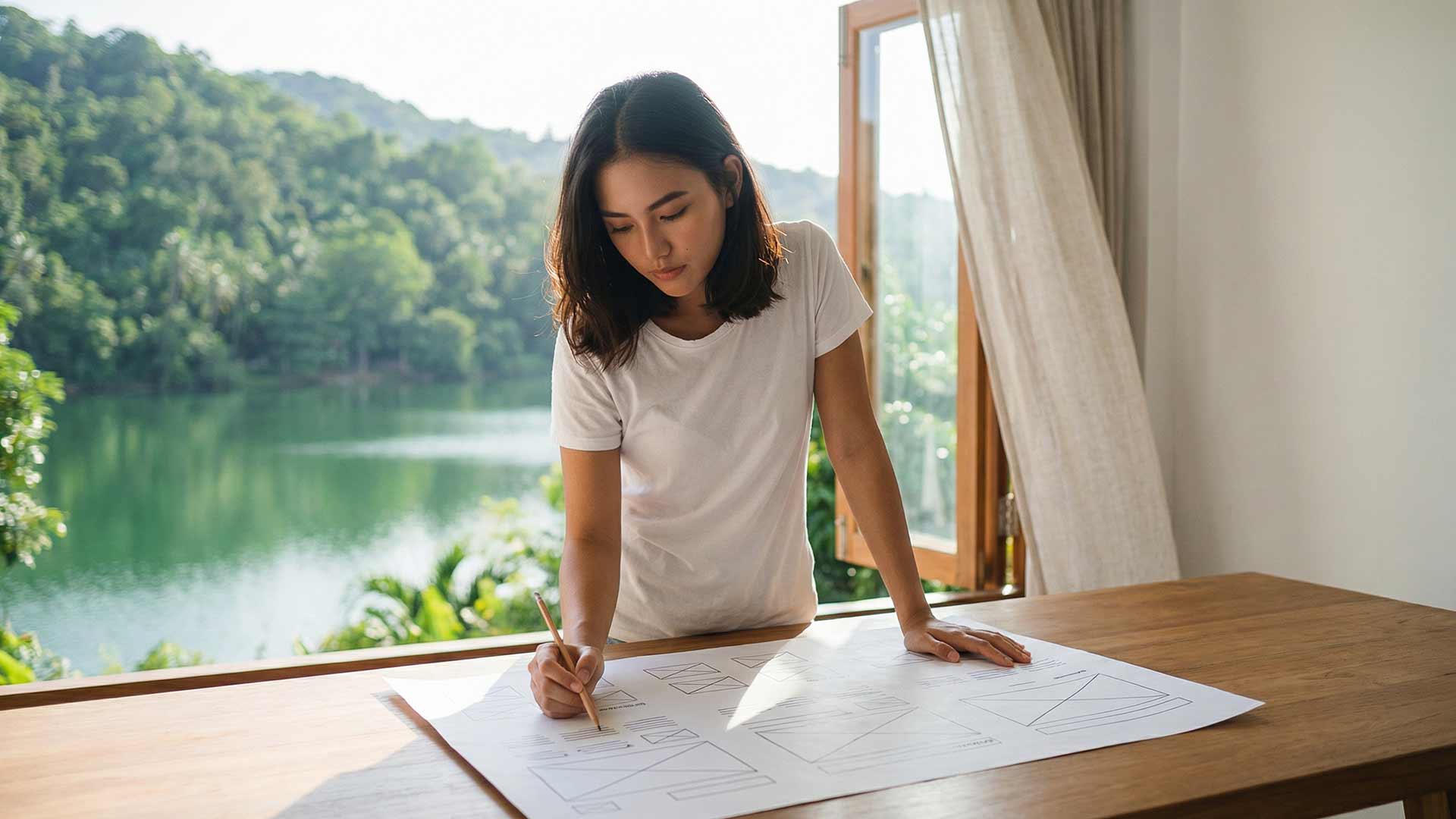 Siyu sketching website wireframes at a teak table in a hillside studio overlooking Nai Harn Lake through an open wooden window with linen curtains