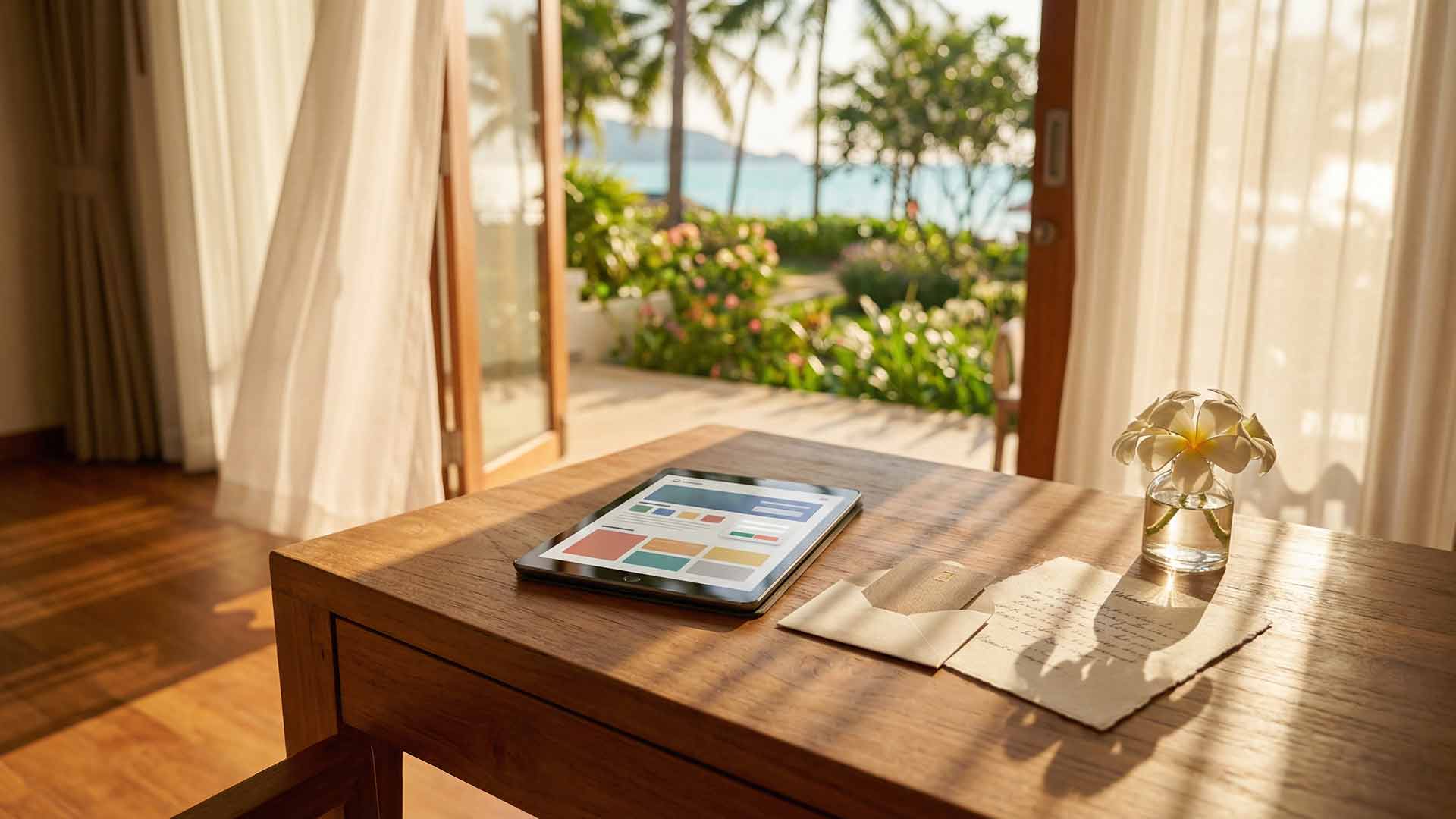 Tablet displaying a colour-blocked website wireframe on a teak desk with handwritten notes and a frangipani vase beside open French doors looking out to Patong Beach palms and turquoise water