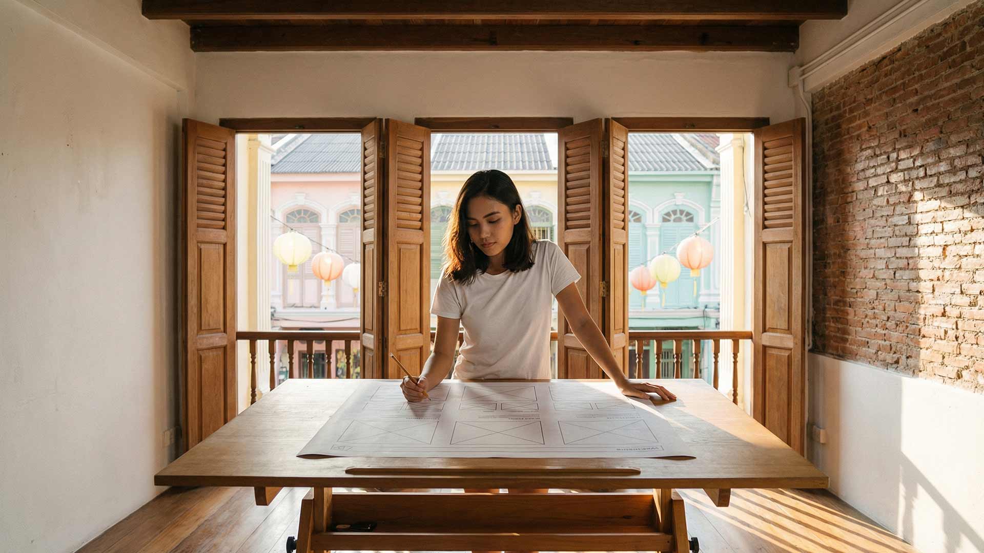 Siyu sketching wireframes at a drafting table in a restored Phuket Town shophouse with open wooden shutters overlooking Sino-Portuguese facades and lanterns