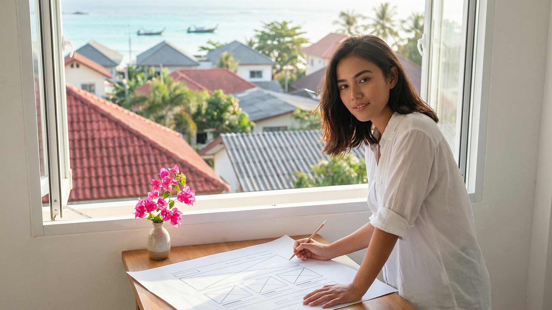 Siyu sketching website wireframes at a wooden desk beside a bougainvillea vase in a Rawai home office with terracotta rooftops, palm trees, and longtail boats visible through the window
