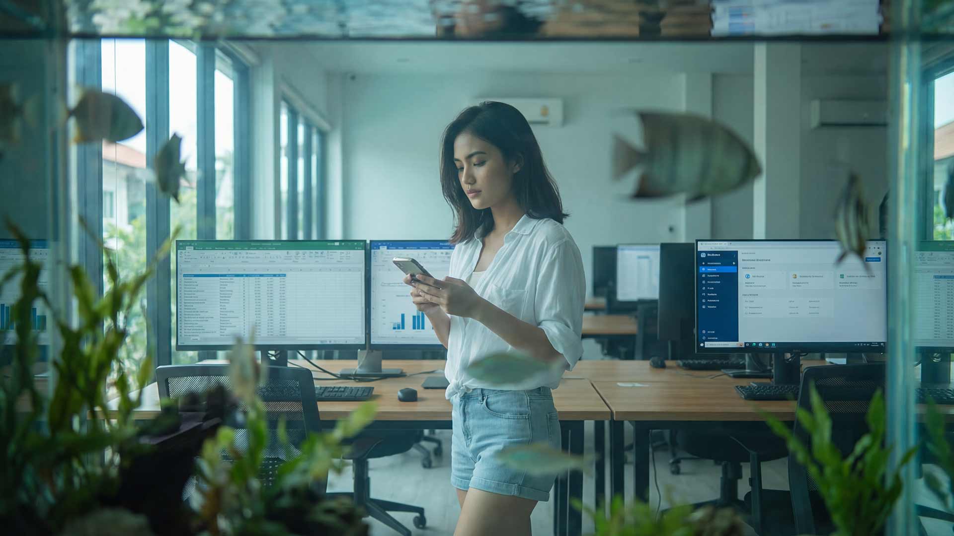 Web developer through aquarium glass in modern Phuket office
